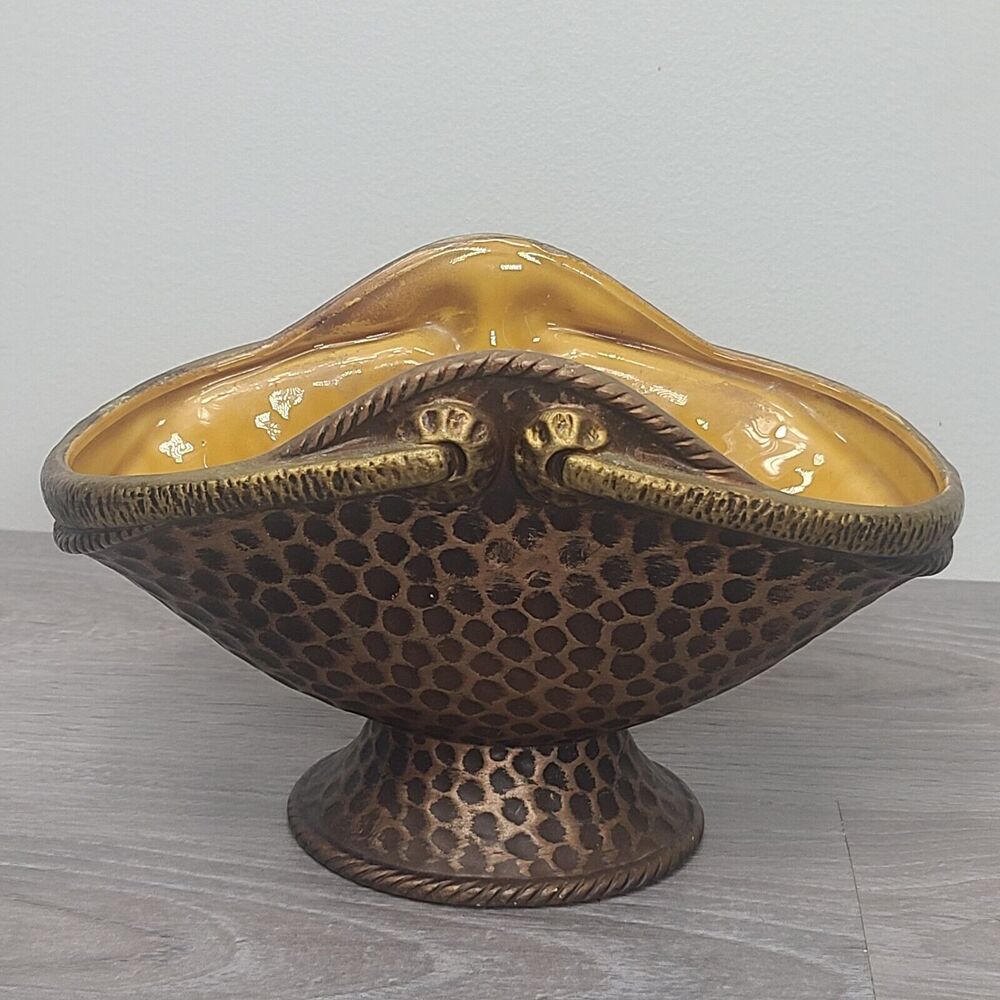 Vintage Napcoware Ceramic Planter Basket Faux Brass Yellow Enamel Interior